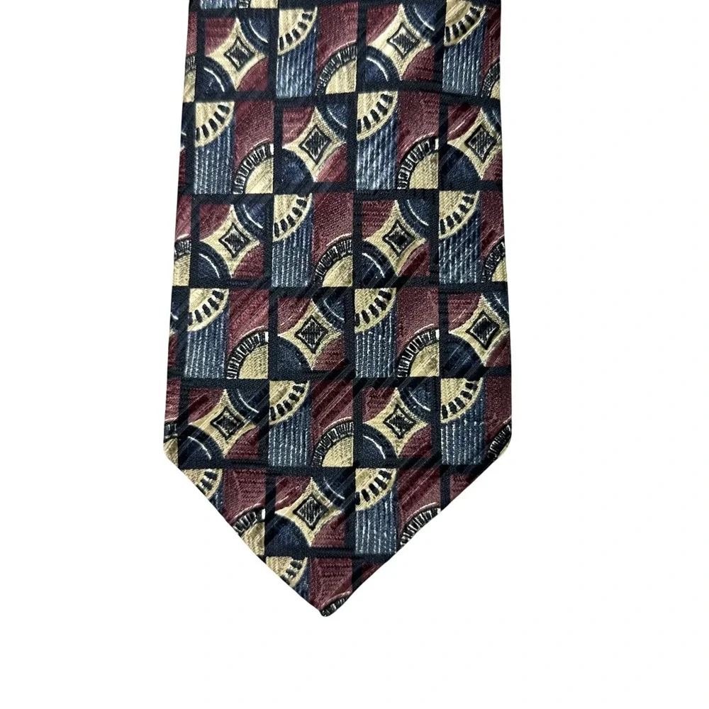 Robert Talbott Best of Class Silk Tie Burgundy Navy Gold Geometric Hand Printed